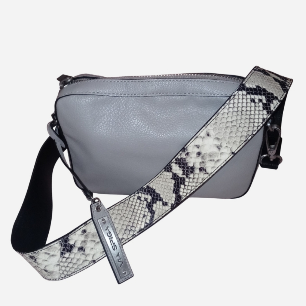 Via Spiga Gray Leather Crossbody Bag with Snake Print Strap